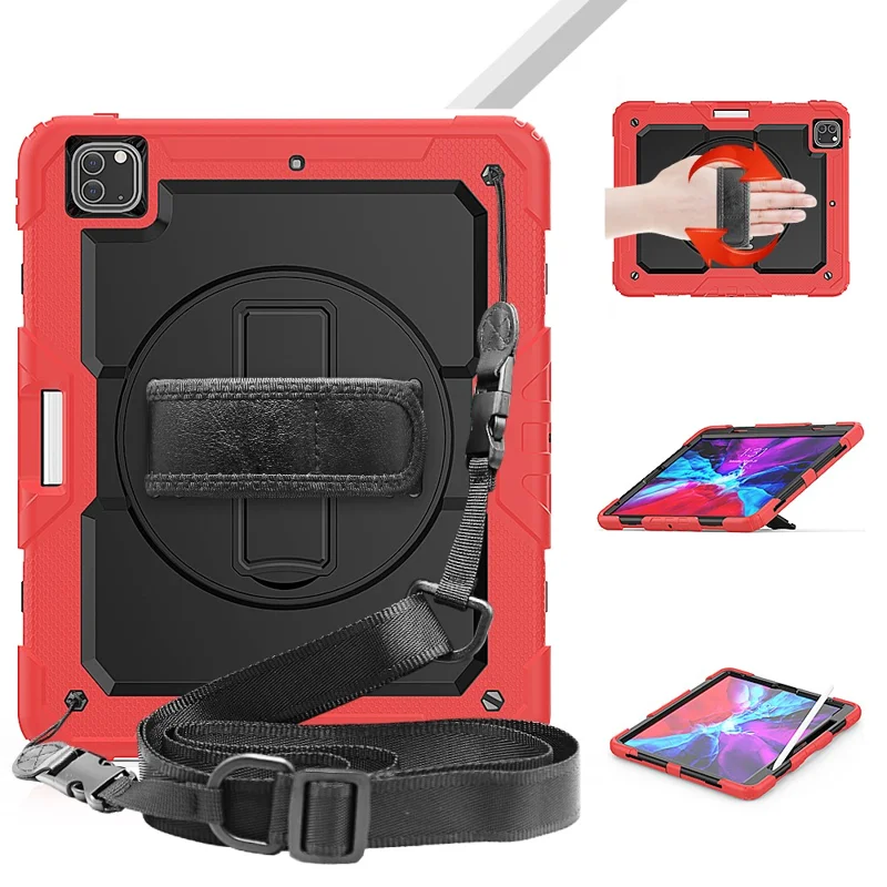 Tablet Case for iPad Pro 12.9 (2022)/(2021)/(2020)/(2018) Swivel Kickstand Hand Strap PC + Silicone Cover with Shoulder Strap - Red