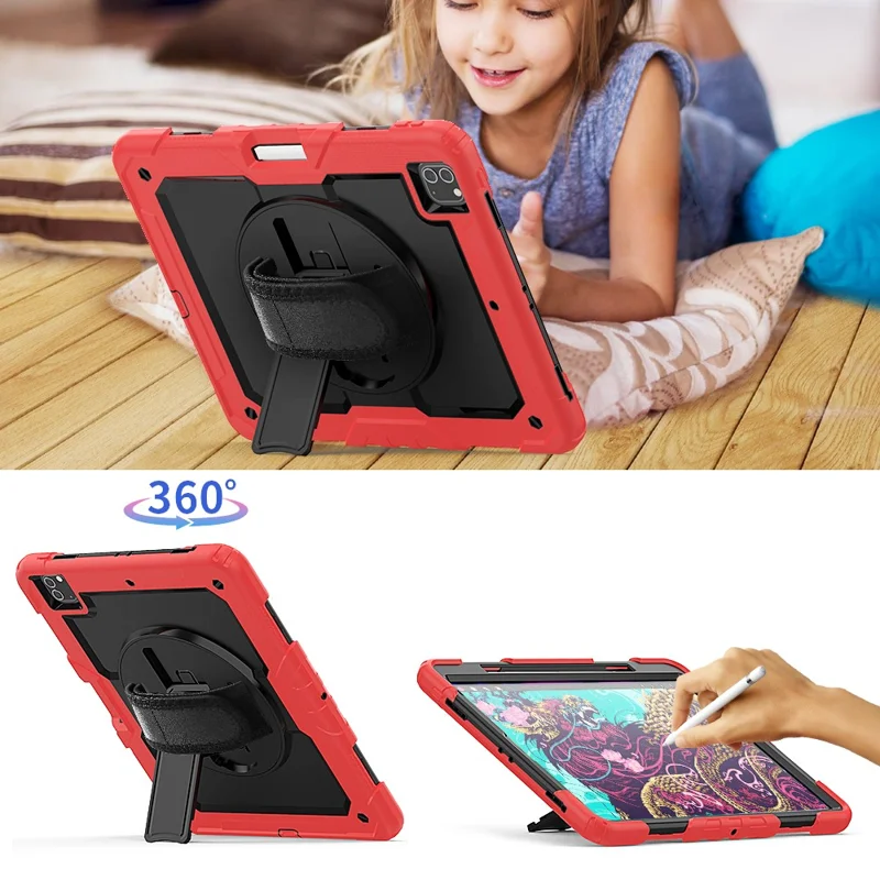 Tablet Case for iPad Pro 12.9 (2022)/(2021)/(2020)/(2018) Swivel Kickstand Hand Strap PC + Silicone Cover with Shoulder Strap - Red