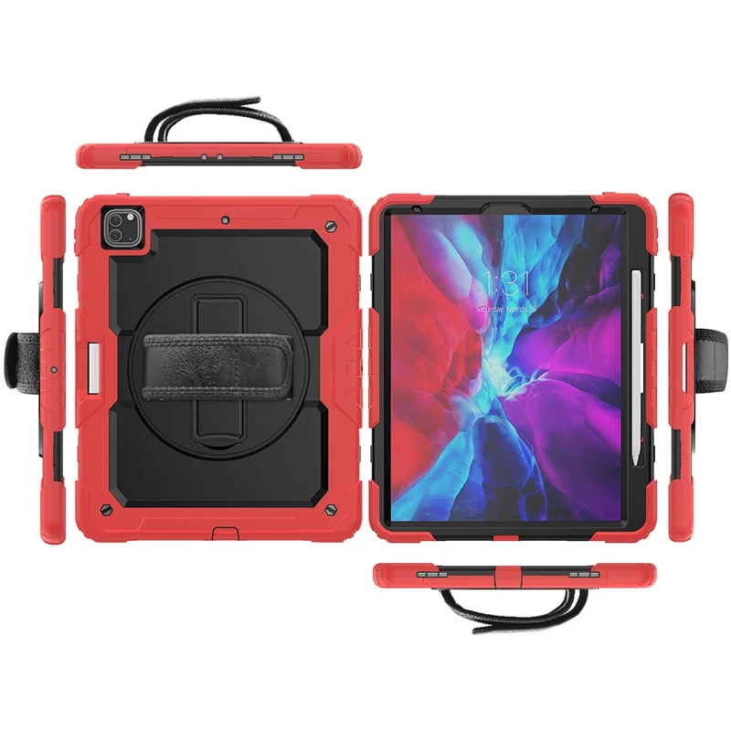 Tablet Case for iPad Pro 12.9 (2022)/(2021)/(2020)/(2018) Swivel Kickstand Hand Strap PC + Silicone Cover with Shoulder Strap - Red