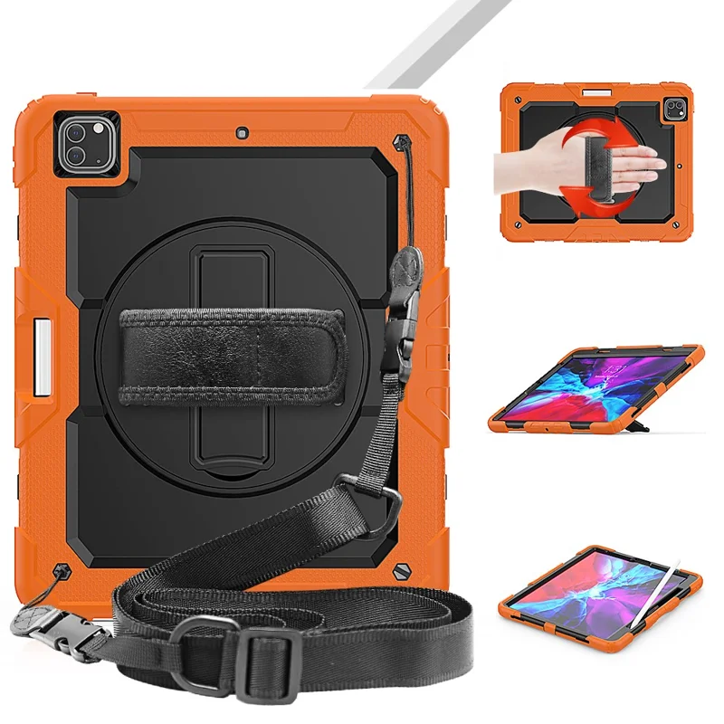 Tablet Case for iPad Pro 12.9 (2022)/(2021)/(2020)/(2018) Swivel Kickstand Hand Strap PC + Silicone Cover with Shoulder Strap - Orange