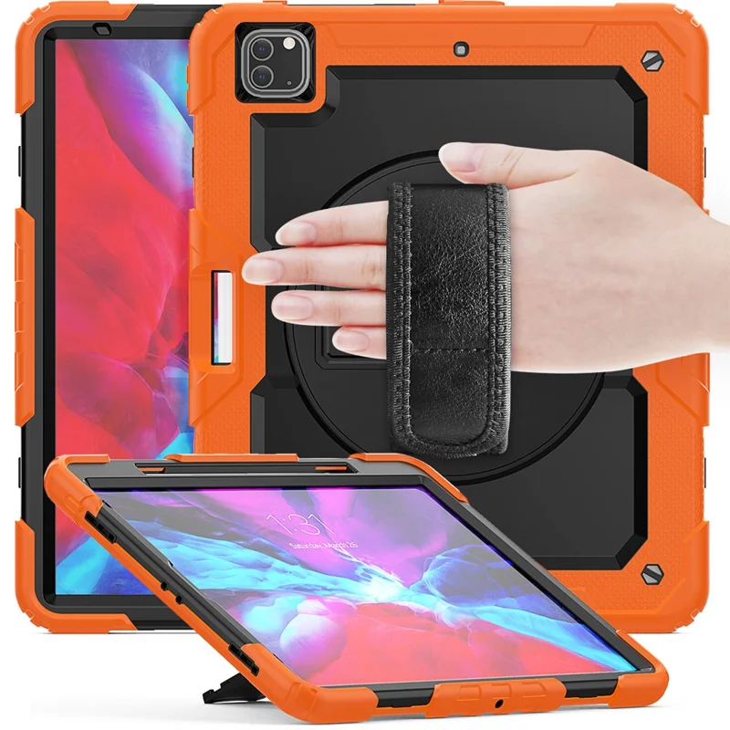 Tablet Case for iPad Pro 12.9 (2022)/(2021)/(2020)/(2018) Swivel Kickstand Hand Strap PC + Silicone Cover with Shoulder Strap - Orange
