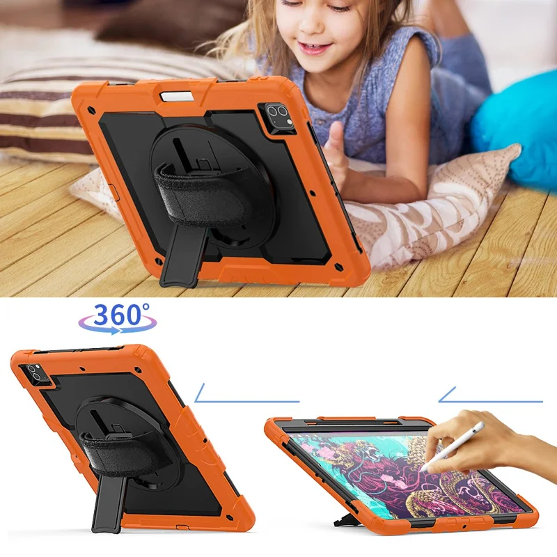 Tablet Case for iPad Pro 12.9 (2022)/(2021)/(2020)/(2018) Swivel Kickstand Hand Strap PC + Silicone Cover with Shoulder Strap - Orange