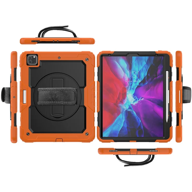 Tablet Case for iPad Pro 12.9 (2022)/(2021)/(2020)/(2018) Swivel Kickstand Hand Strap PC + Silicone Cover with Shoulder Strap - Orange
