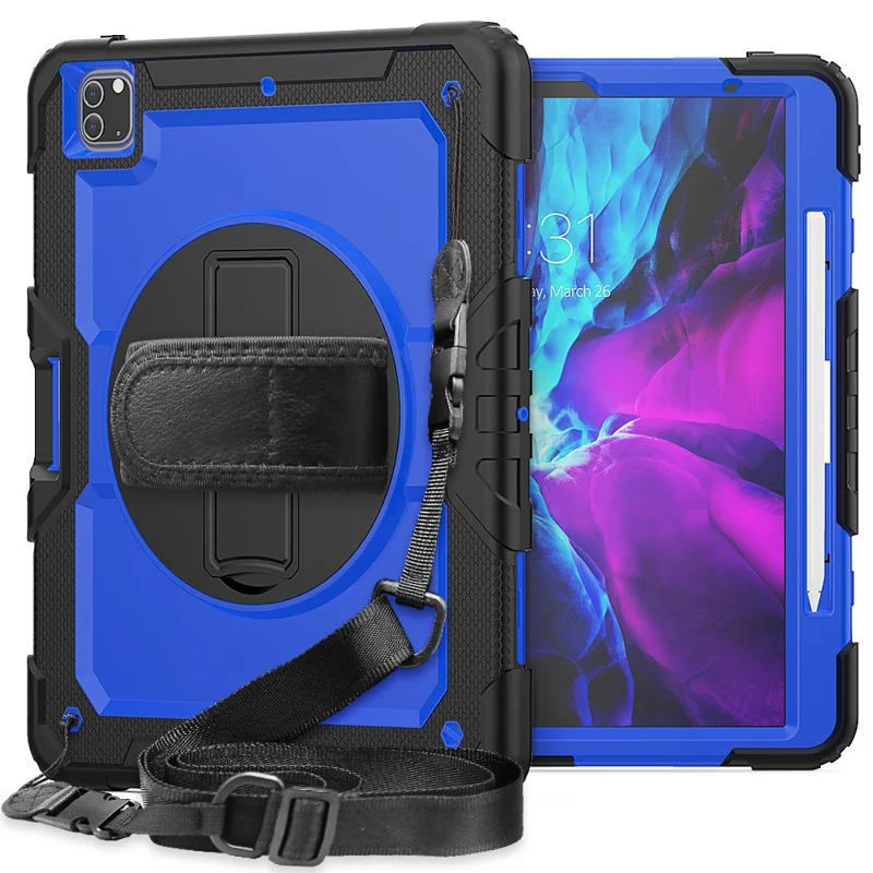 Tablet Case for iPad Pro 12.9 (2022)/(2021)/(2020)/(2018) Swivel Kickstand Hand Strap PC + Silicone Cover with Shoulder Strap - Black / Blue