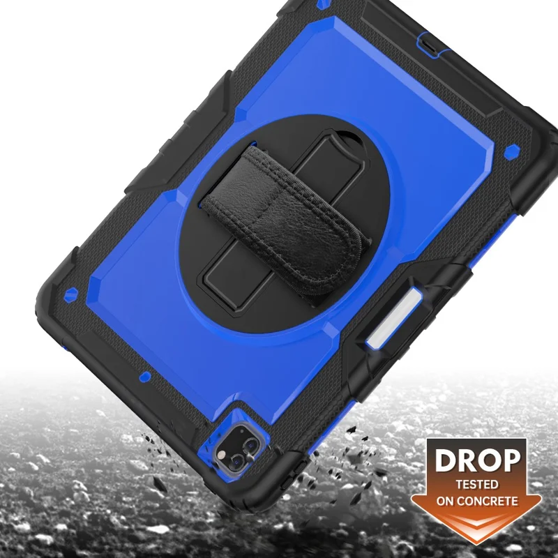 Tablet Case for iPad Pro 12.9 (2022)/(2021)/(2020)/(2018) Swivel Kickstand Hand Strap PC + Silicone Cover with Shoulder Strap - Black / Blue