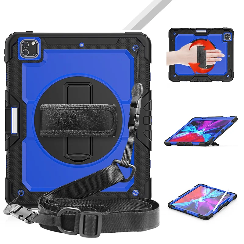 Tablet Case for iPad Pro 12.9 (2022)/(2021)/(2020)/(2018) Swivel Kickstand Hand Strap PC + Silicone Cover with Shoulder Strap - Black / Blue