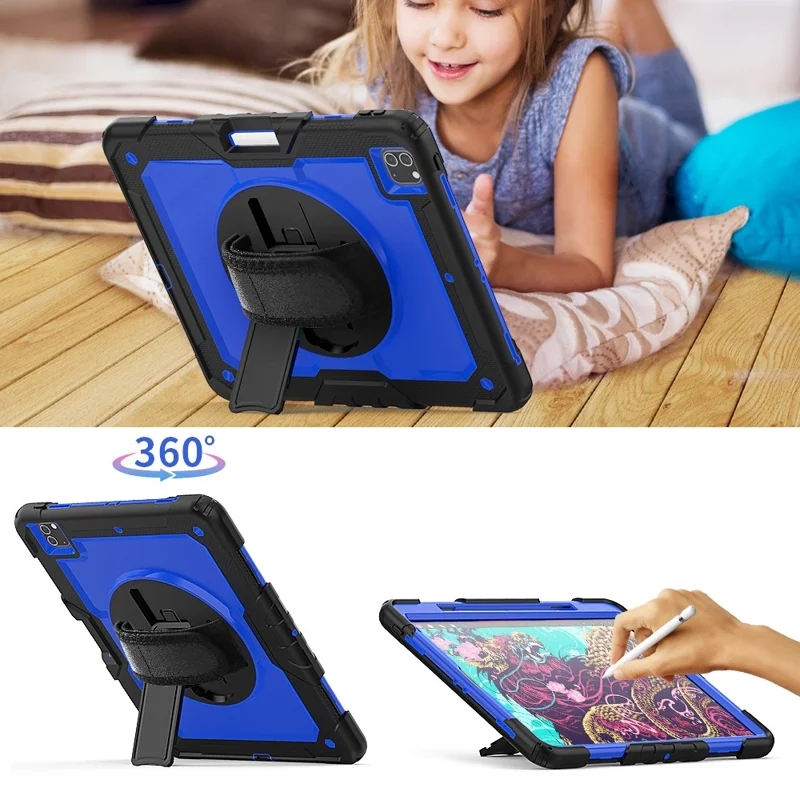 Tablet Case for iPad Pro 12.9 (2022)/(2021)/(2020)/(2018) Swivel Kickstand Hand Strap PC + Silicone Cover with Shoulder Strap - Black / Blue