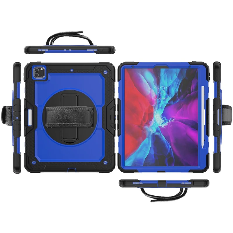 Tablet Case for iPad Pro 12.9 (2022)/(2021)/(2020)/(2018) Swivel Kickstand Hand Strap PC + Silicone Cover with Shoulder Strap - Black / Blue