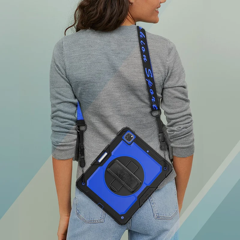 Tablet Case for iPad Pro 12.9 (2022)/(2021)/(2020)/(2018) Swivel Kickstand Hand Strap PC + Silicone Cover with Shoulder Strap - Black / Blue