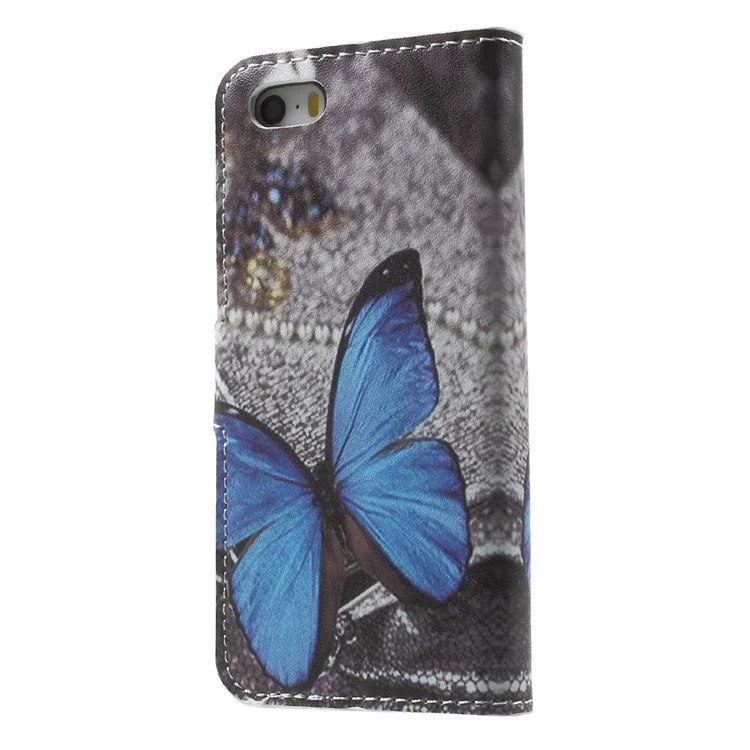 Water Transfer Printing Patterned Leather Wallet Stand Protective Case for iPhone SE/5s/5 - Blue Butterfly