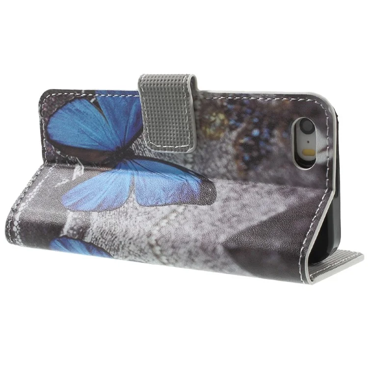 Water Transfer Printing Patterned Leather Wallet Stand Protective Case for iPhone SE/5s/5 - Blue Butterfly