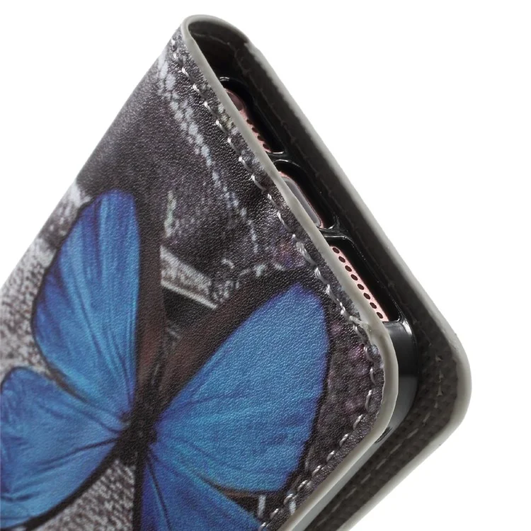 Water Transfer Printing Patterned Leather Wallet Stand Protective Case for iPhone SE/5s/5 - Blue Butterfly