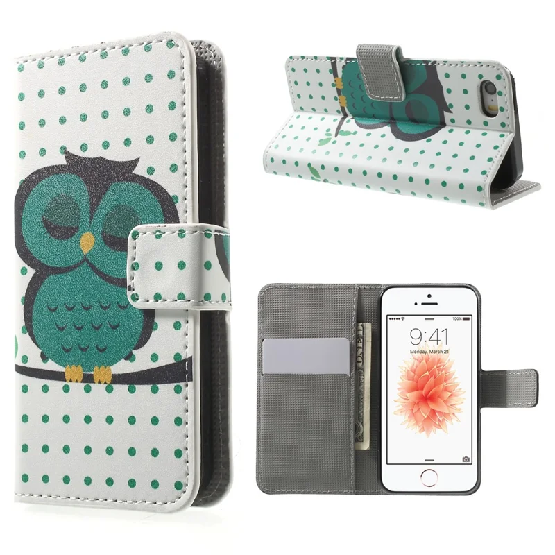Water Transfer Printing Patterned Leather Wallet Stand Protective Case for iPhone SE/5s/5 - Dozing Owl