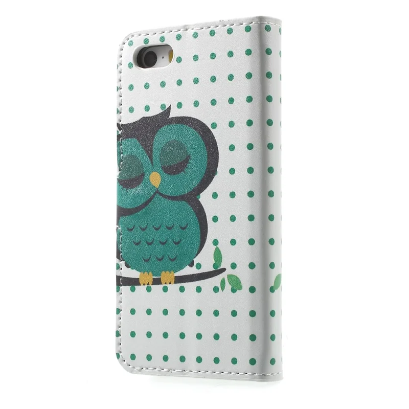 Water Transfer Printing Patterned Leather Wallet Stand Protective Case for iPhone SE/5s/5 - Dozing Owl