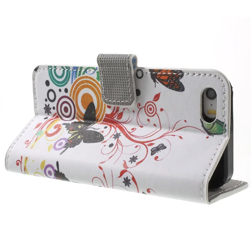 Water Transfer Printing Patterned Leather Wallet Stand Protective Case for iPhone SE/5s/5 - Butterfly and Vine