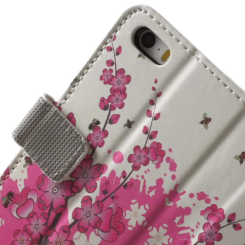 Water Transfer Printing Patterned Leather Wallet Stand Protective Case for iPhone SE/5s/5 - Plum Blossom