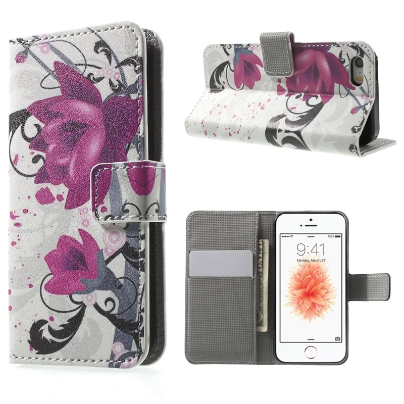 Water Transfer Printing Patterned Leather Wallet Stand Protective Case for iPhone SE/5s/5 - Purple Flower