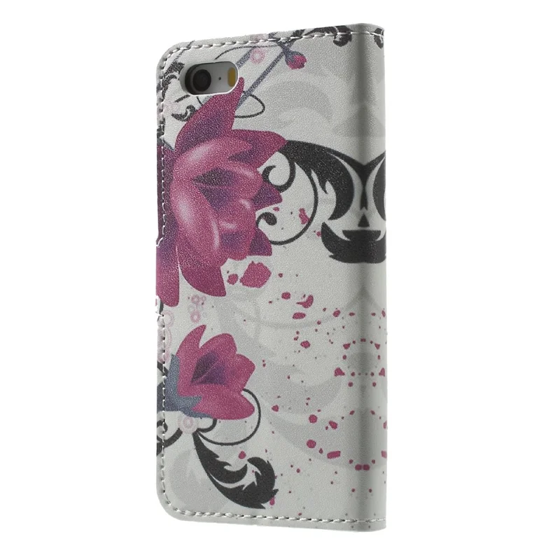 Water Transfer Printing Patterned Leather Wallet Stand Protective Case for iPhone SE/5s/5 - Purple Flower