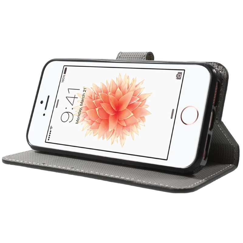 Wassertransferdruck Gemusterte Lederwallet-Stand-Schutzhülle Für IPhone SE / 5S / 5 - Lila Blume