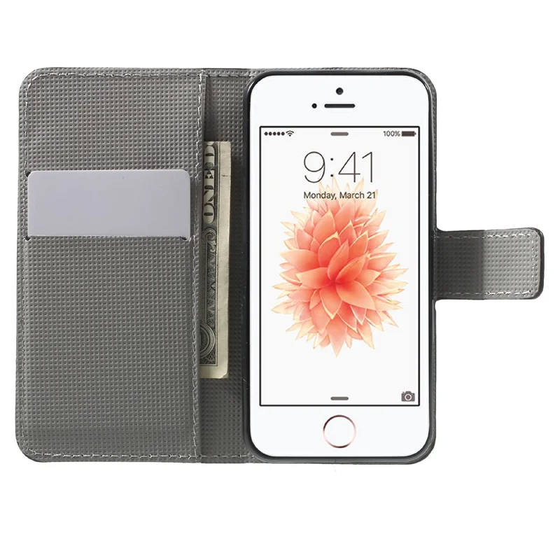 Wassertransferdruck gemustertes Ledergeldbörsentui Schutzhülle mit Ständer für iPhone SE/5s/5 - lila Blume