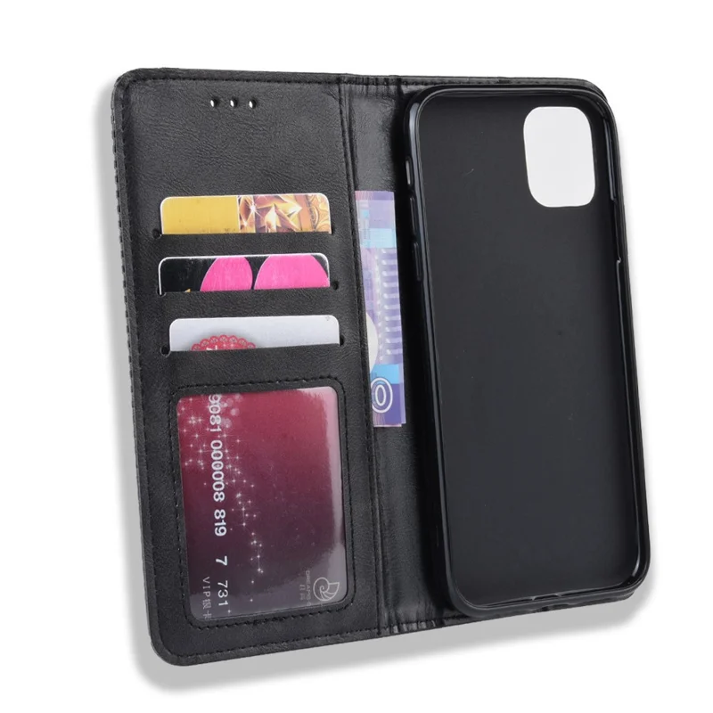 Pochette en cuir PU rétro auto-absorbante pour iPhone 12 Pro Max 6,7 pouces - Noir
