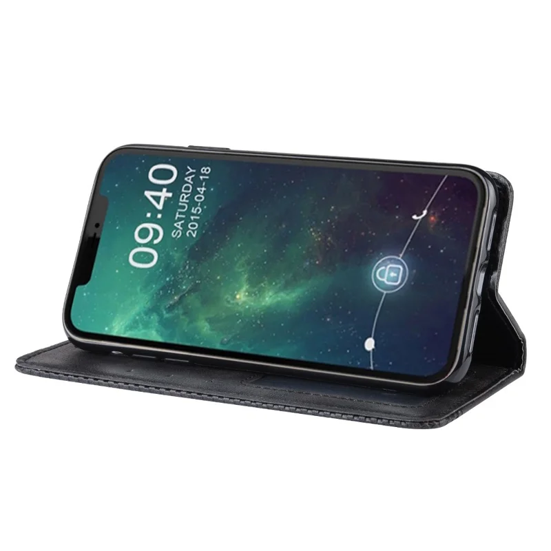 Pochette en cuir PU rétro auto-absorbante pour iPhone 12 Pro Max 6,7 pouces - Noir