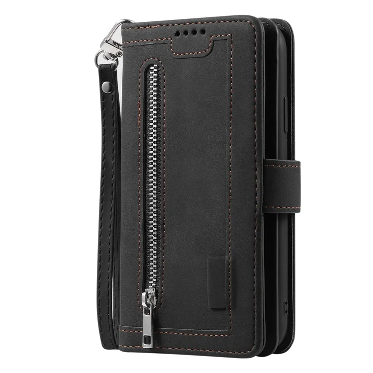 Capa De Carteira De Couro De 9 Slots De Bolso Com Zíper Para Iphone 6s / 6 - Preto