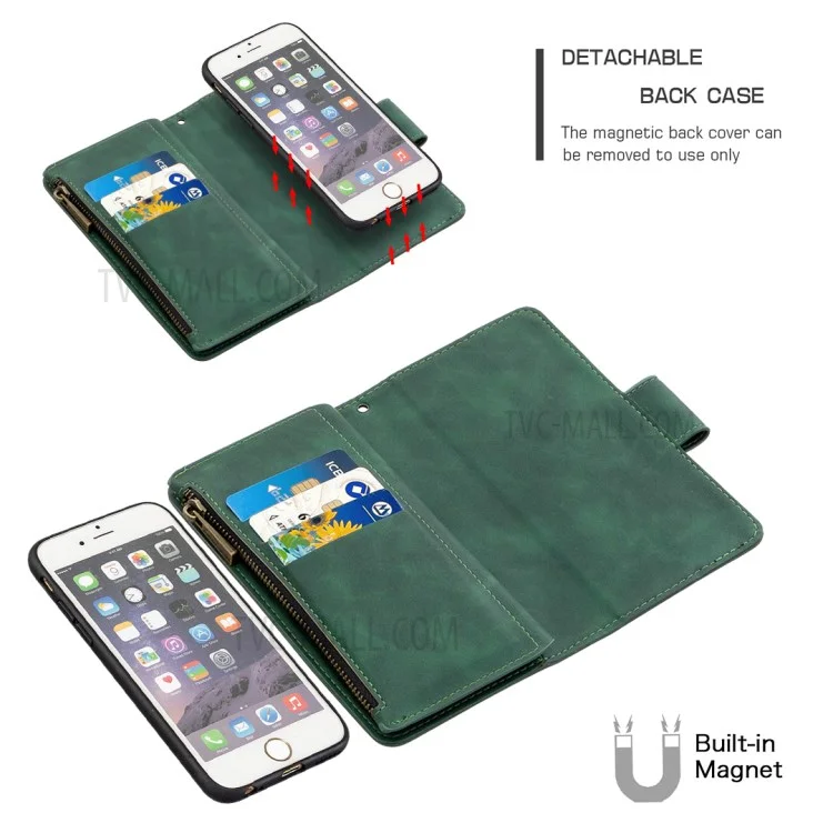 BF02 Silky Touch Feeling Willet Stand Case de Teléfono Con Bolsillo Con Cremallera Para Iphone 6/6s 4.7 Pulgadas - Verde