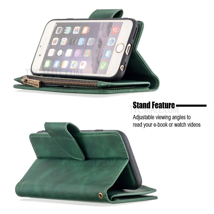 BF02 Silky Touch Feeling Wallet Leather Stand Phone Case with Zipper Pocket for iPhone 6/6s 4.7-inch - Green