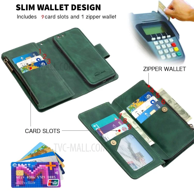 BF02 Silky Touch Feeling Wallet Leather Stand Phone Case with Zipper Pocket for iPhone 6/6s 4.7-inch - Green