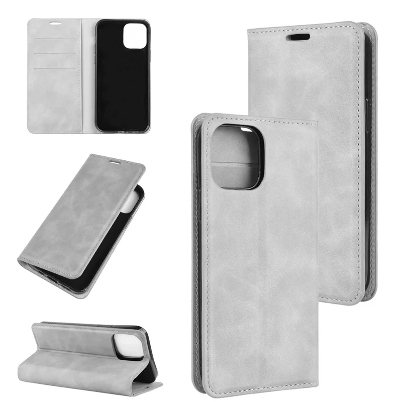 Silky Touch Leather Shell Wallet Stand Case for iPhone 12 - Grey