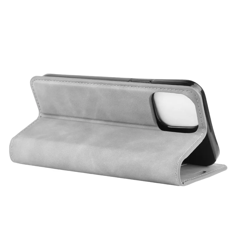 Silky Touch Leather Shell Wallet Stand Case for iPhone 12 - Grey