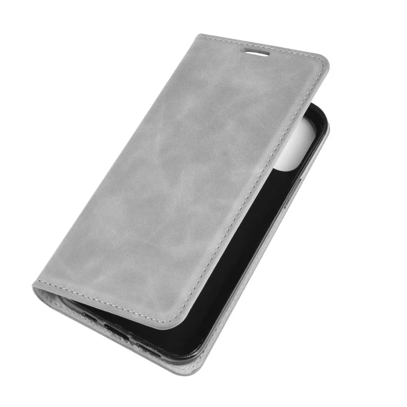 Silky Touch Leather Shell Wallet Stand Case for iPhone 12 - Grey