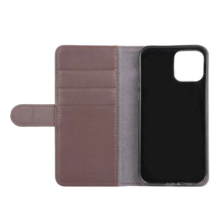 For iPhone 12 Phone Cases Genuine Split Leather Wallet Mobile Cover Stand - Brown