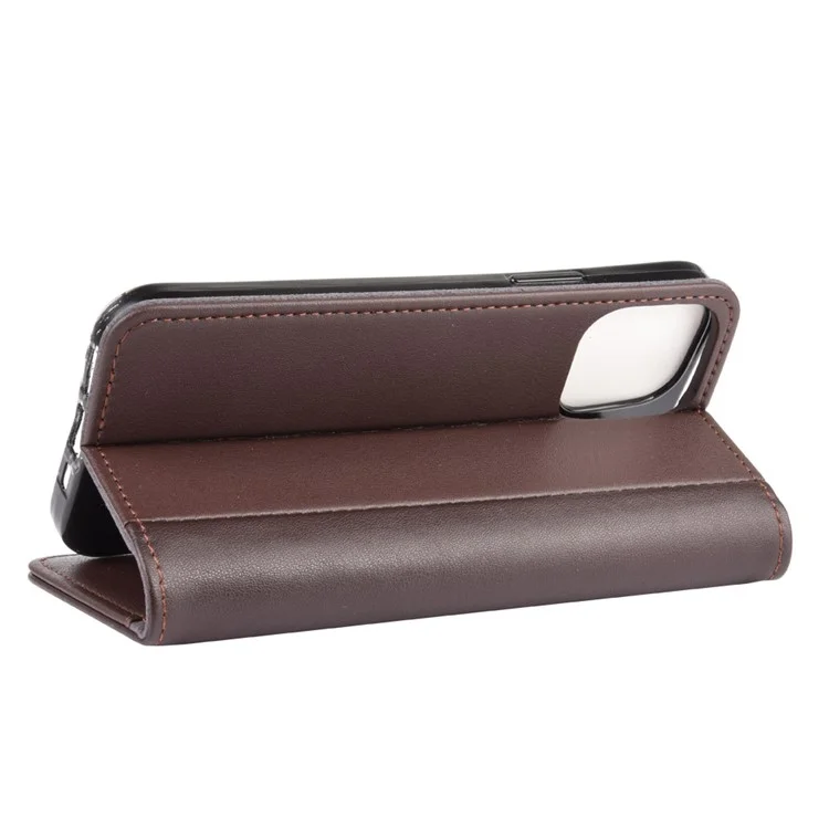 Genuine Split Leather Case Wallet Stand Phone Cover for iPhone 12 - Brown