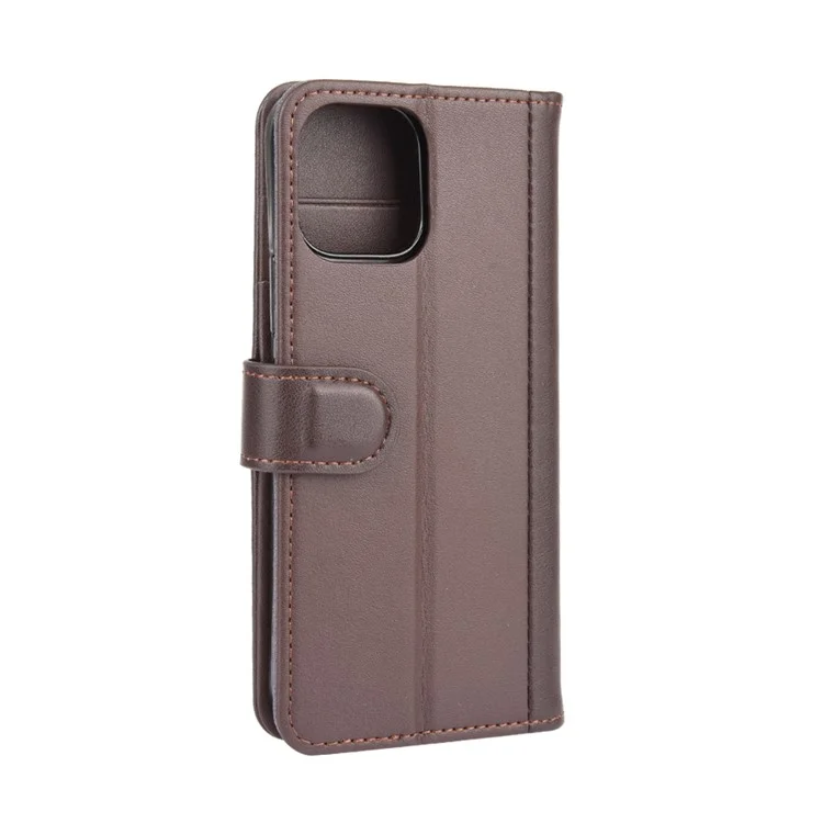 For iPhone 12 Phone Cases Genuine Split Leather Wallet Mobile Cover Stand - Brown