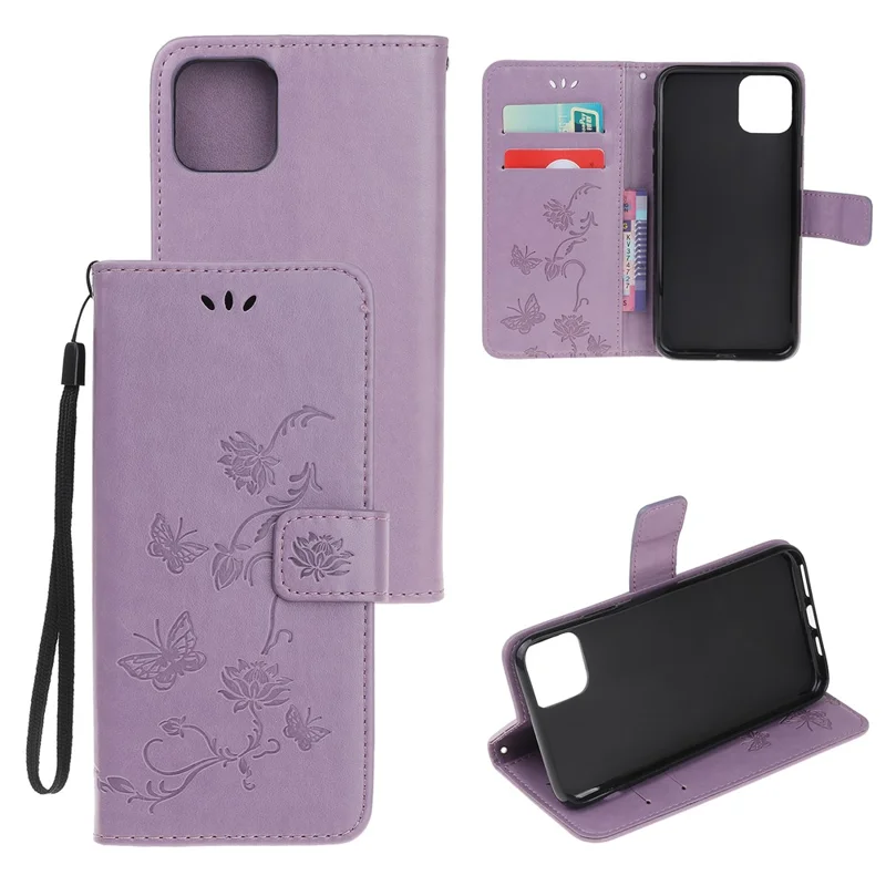 Imprint Butterfly Flower Wallet Leather Protective Case for iPhone 12 mini - Light Purple