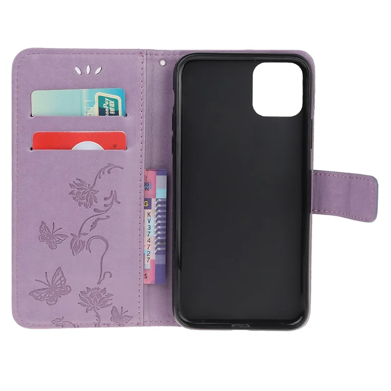 Imprint Butterfly Flower Wallet Leather Protective Case for iPhone 12 mini - Light Purple