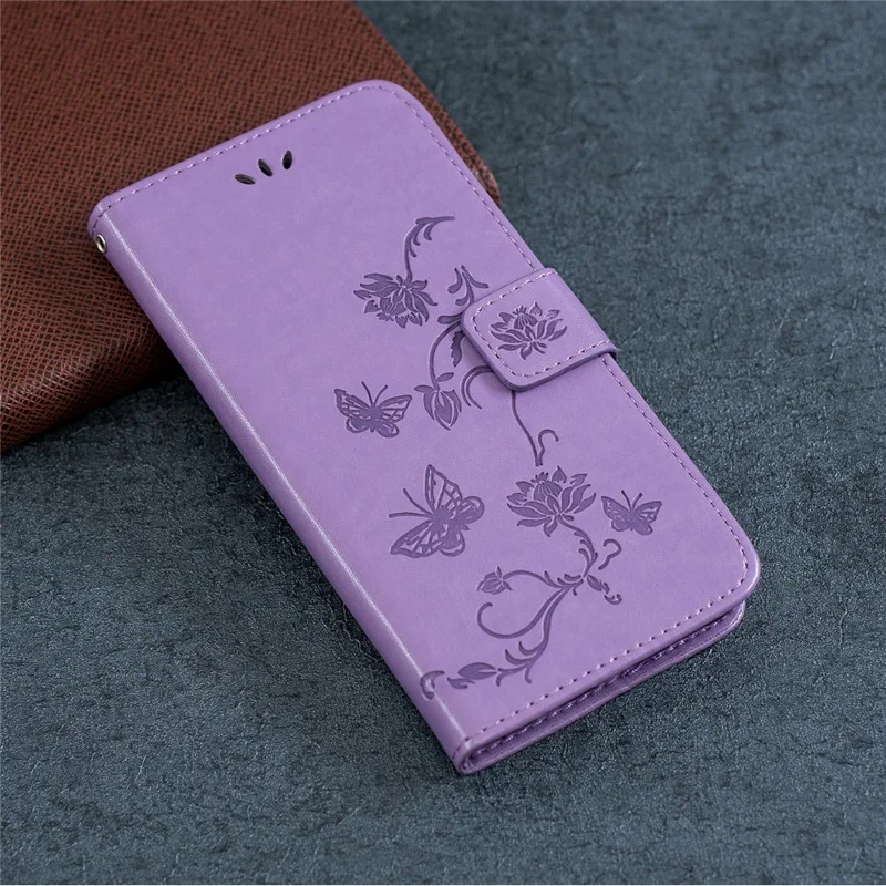 Imprint Butterfly Flower Wallet Leather Protective Case for iPhone 12 mini - Light Purple