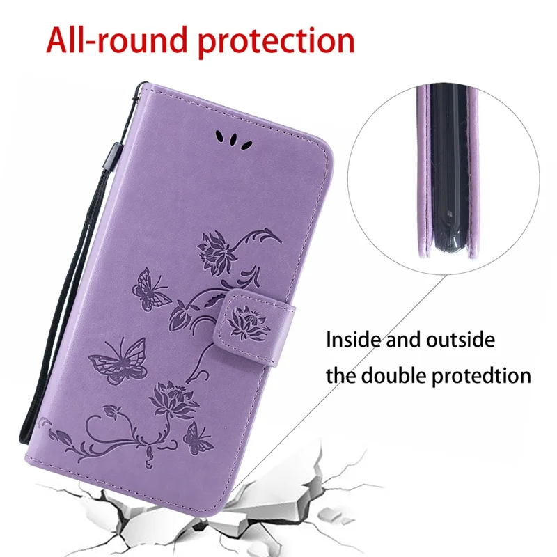 Imprint Butterfly Flower Wallet Leather Protective Case for iPhone 12 mini - Light Purple