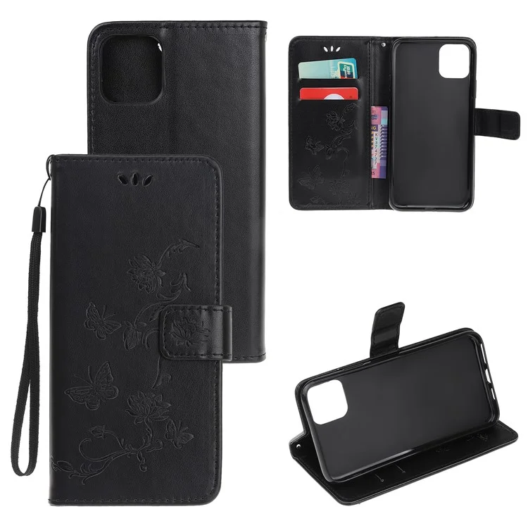 Imprint Butterfly Flowers Leather Wallet Phone Case for iPhone 12 - Black