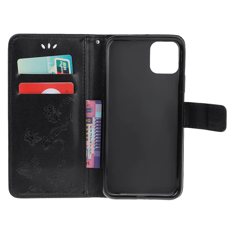 Imprint Butterfly Flowers Leather Wallet Phone Case for iPhone 12 - Black