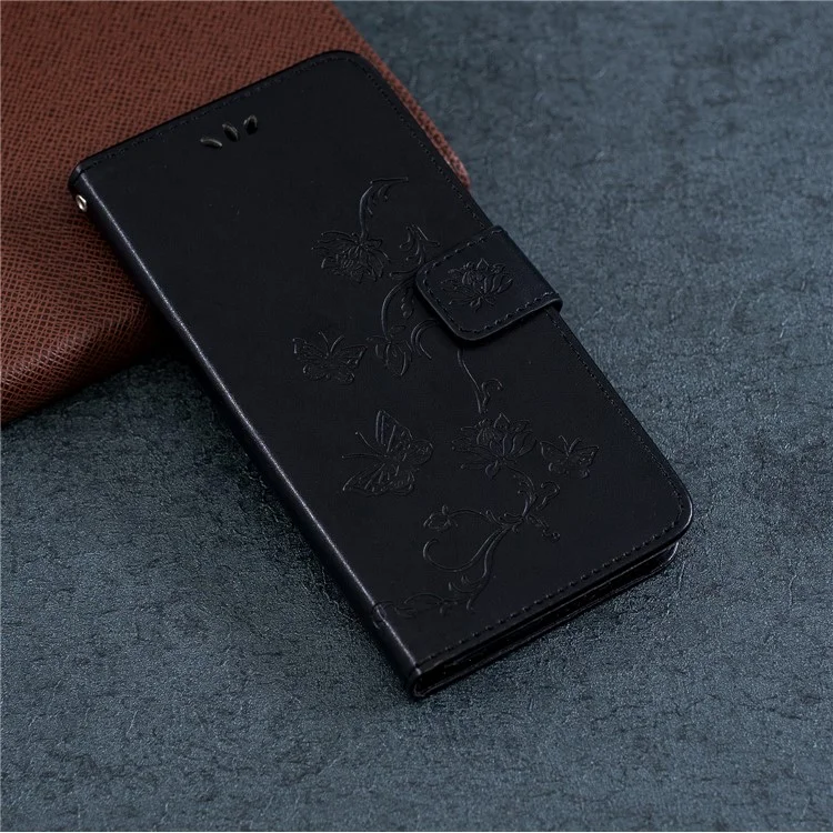 Imprint Butterfly Flowers Leather Wallet Phone Case for iPhone 12 - Black