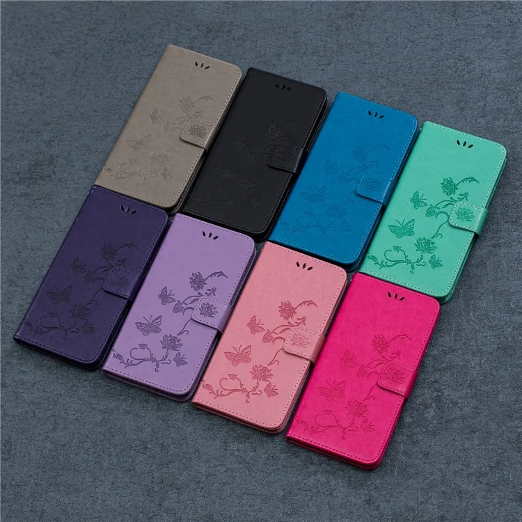 Imprint Butterfly Flowers Leather Wallet Phone Case for iPhone 12 - Black