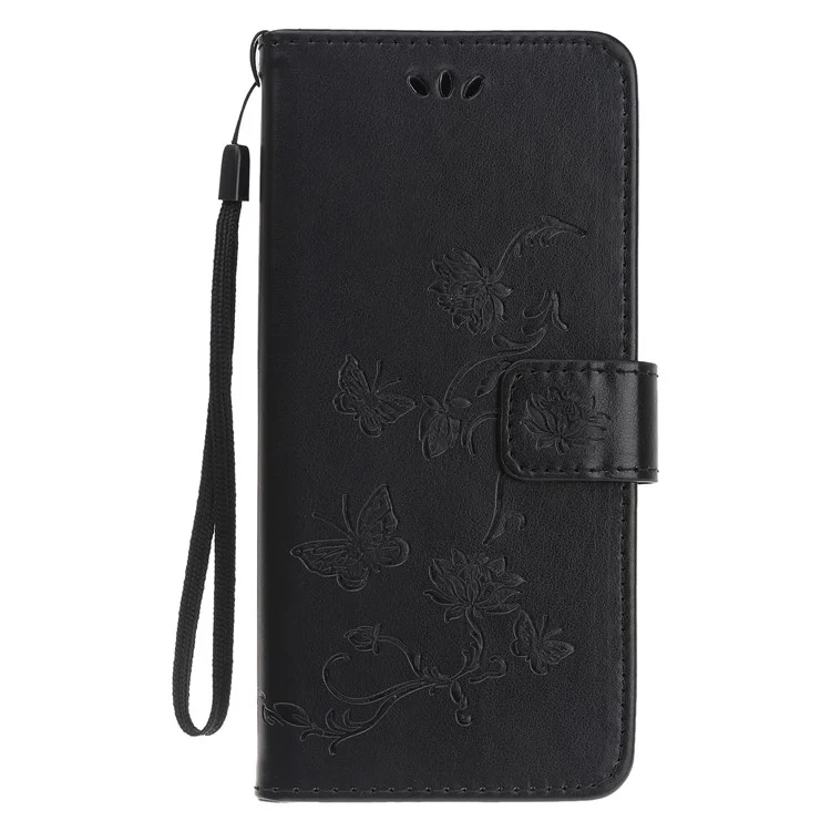 Imprint Butterfly Flowers Leather Wallet Phone Case for iPhone 12 - Black