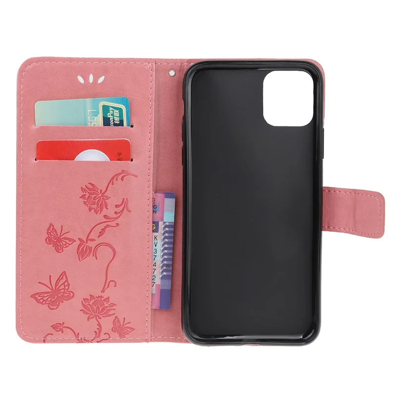Imprint Butterfly Flowers Leather Wallet Phone Case for iPhone 12 - Pink