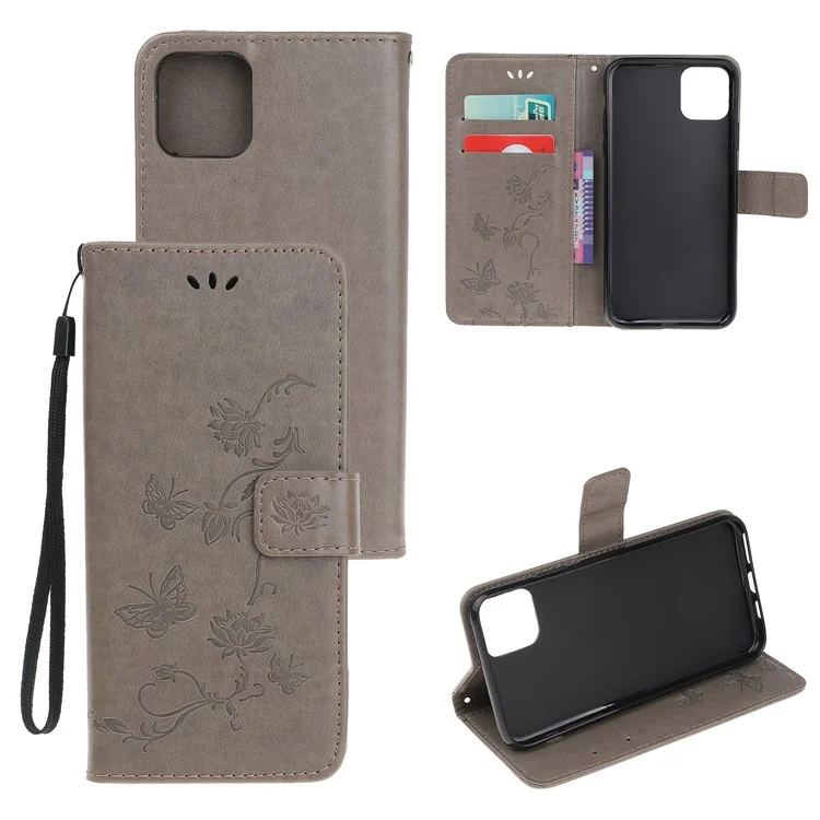 Imprint Butterfly Flowers Leather Wallet Phone Cover for iPhone 12 Pro 6.1 inch - Grey