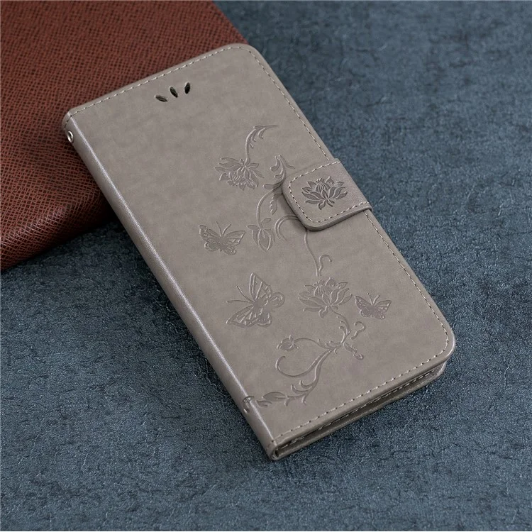 Imprint Butterfly Flowers Leather Wallet Phone Cover for iPhone 12 Pro 6.1 inch - Grey