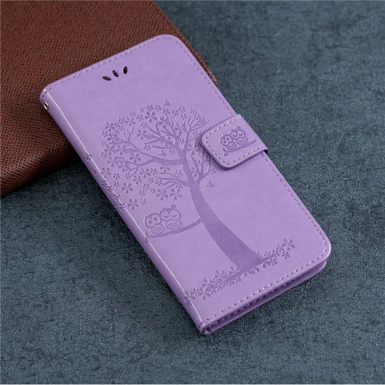 Imprint Tree Owl Wallet Leather Phone Case for iPhone 12 mini - Light Purple