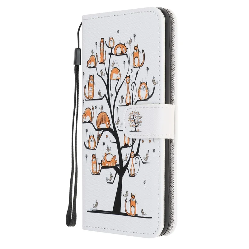 Cross Texture Pattern Printing Wallet Leather Phone Casing for iPhone 12 mini 5.4 inch - Cat Standing on the Tree